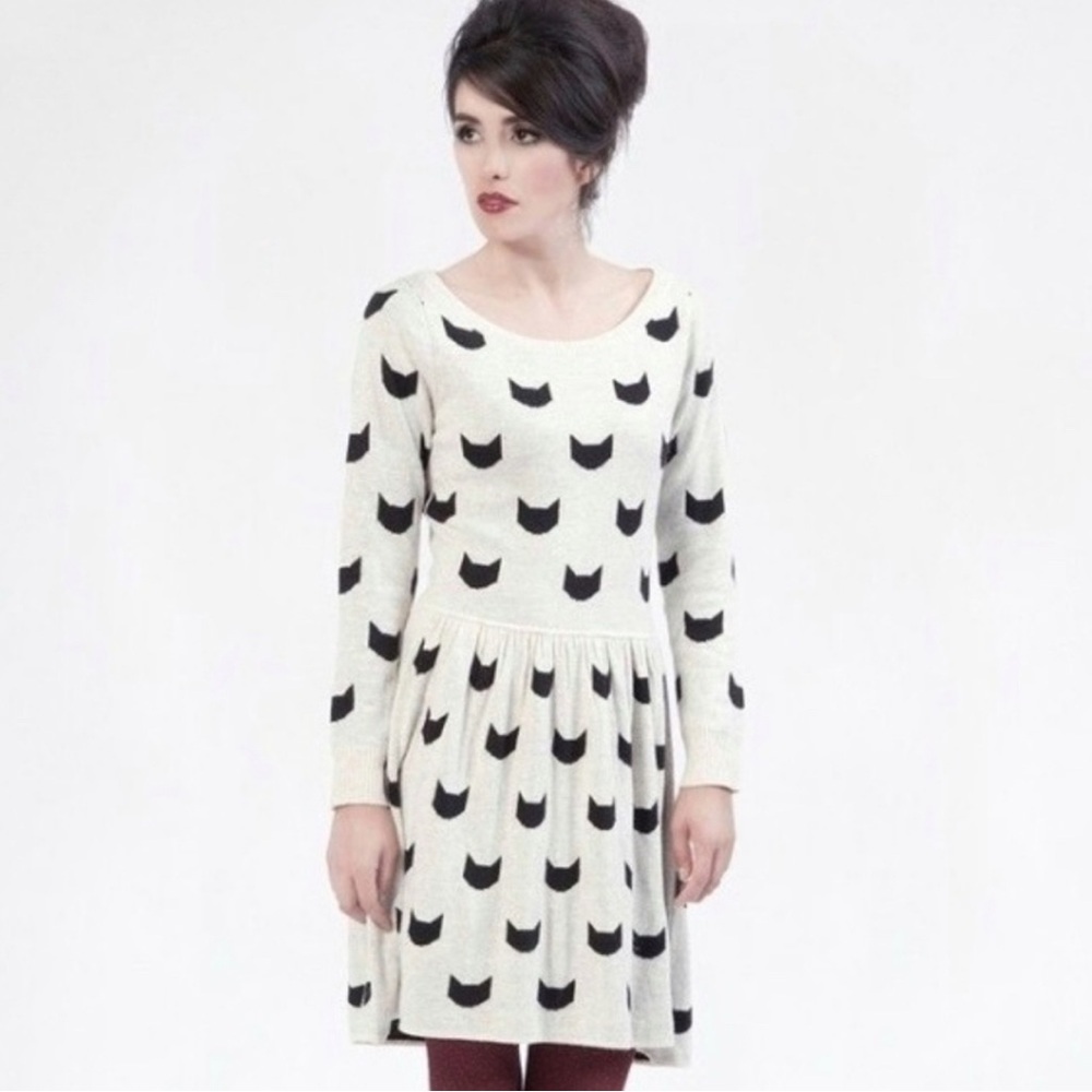 Dear Creatures RARE Black Cat Print Knit Sweater Dress Kitschy Spooky | Small